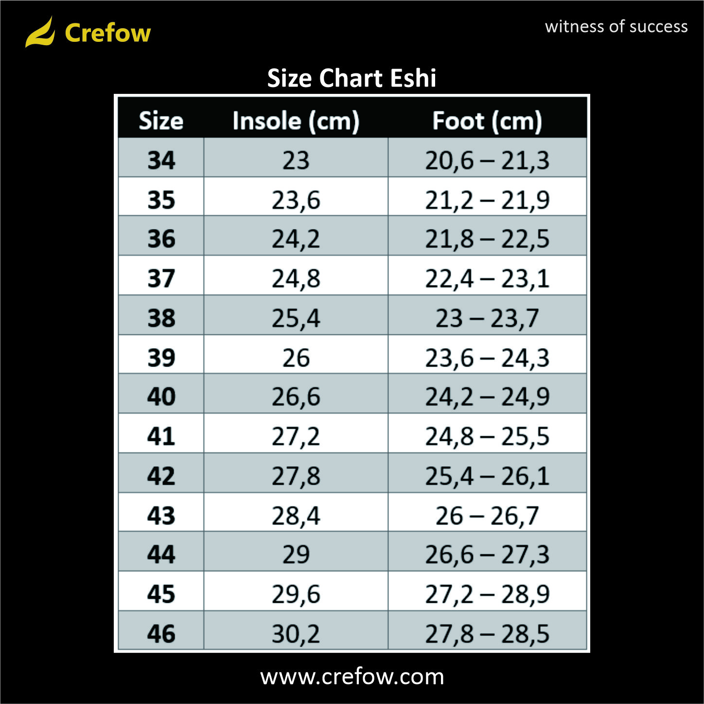 Size Chart Eshi H5 Black