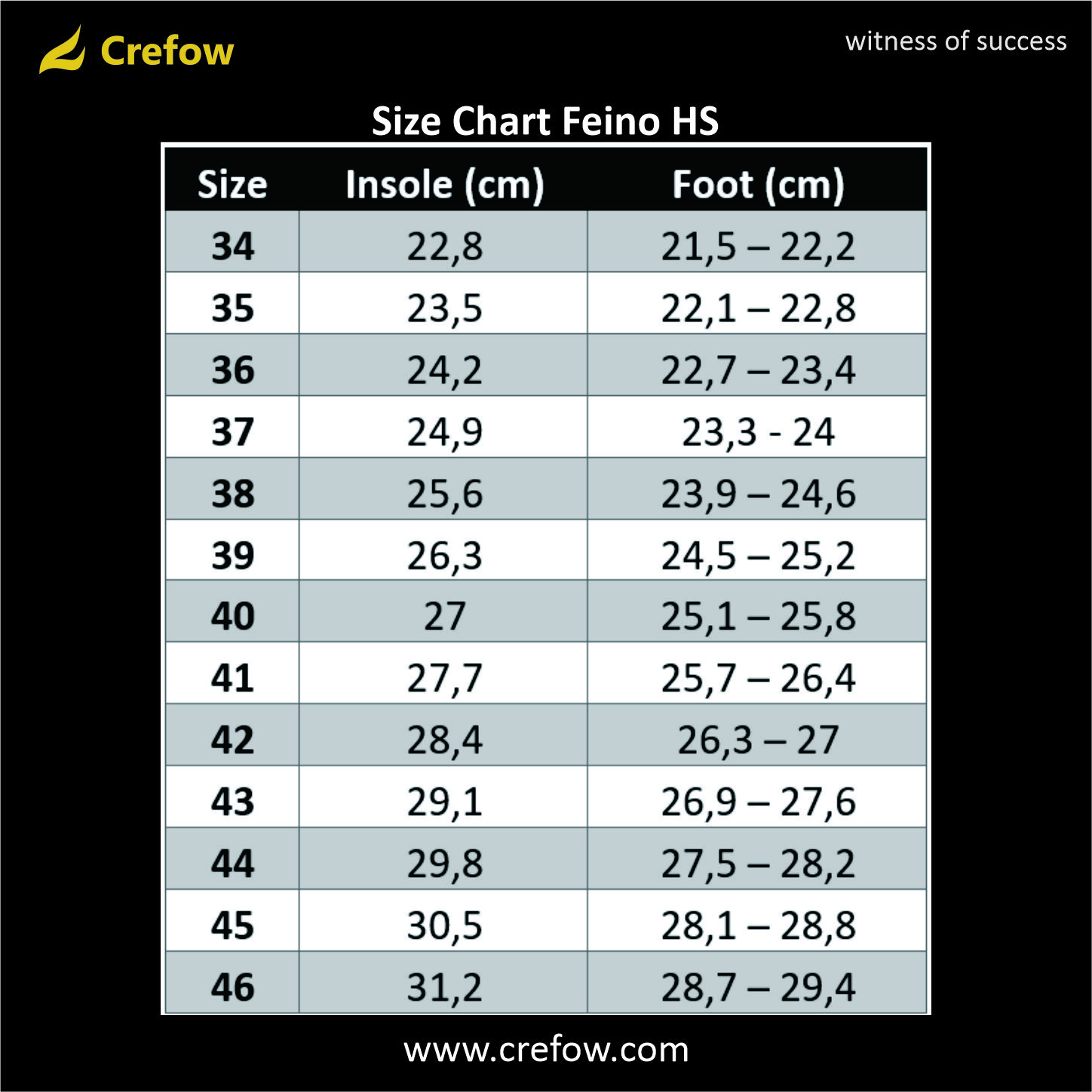 Size Chart Feino HS Brown Tan
